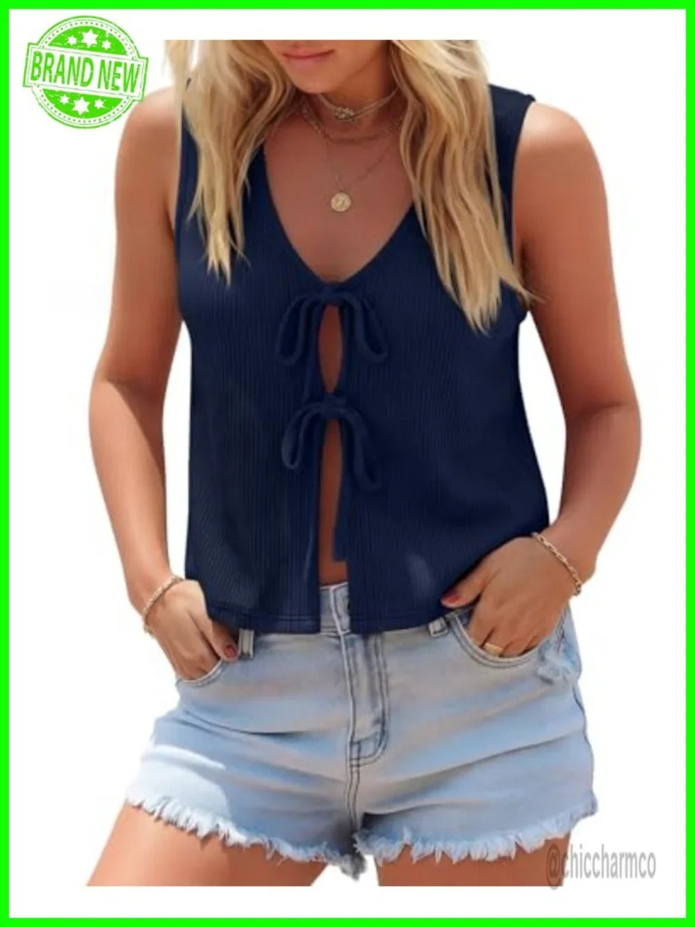 Ribbed Tie Front Sweater Vest Sleeveless Cotton Blend Tank Top